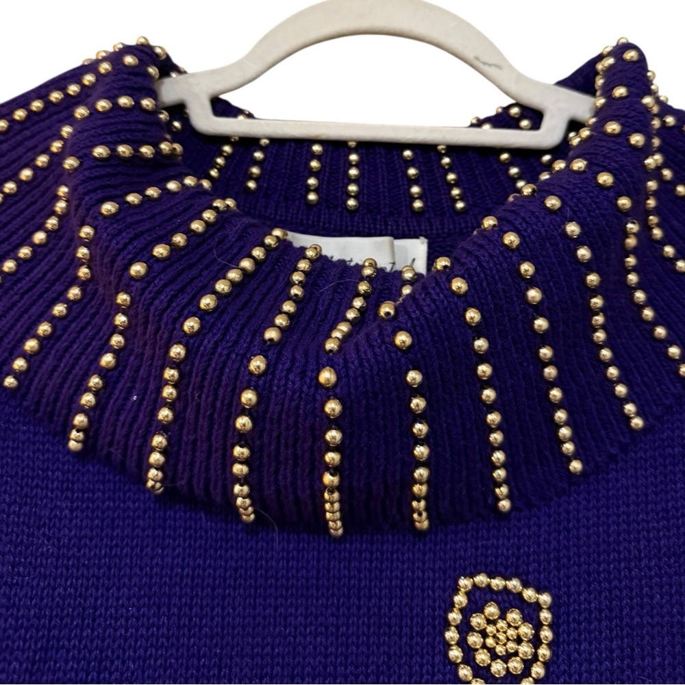 Vintage Purple Studded Knit Sweater Beaded Collar Size M - Picture 6 of 12